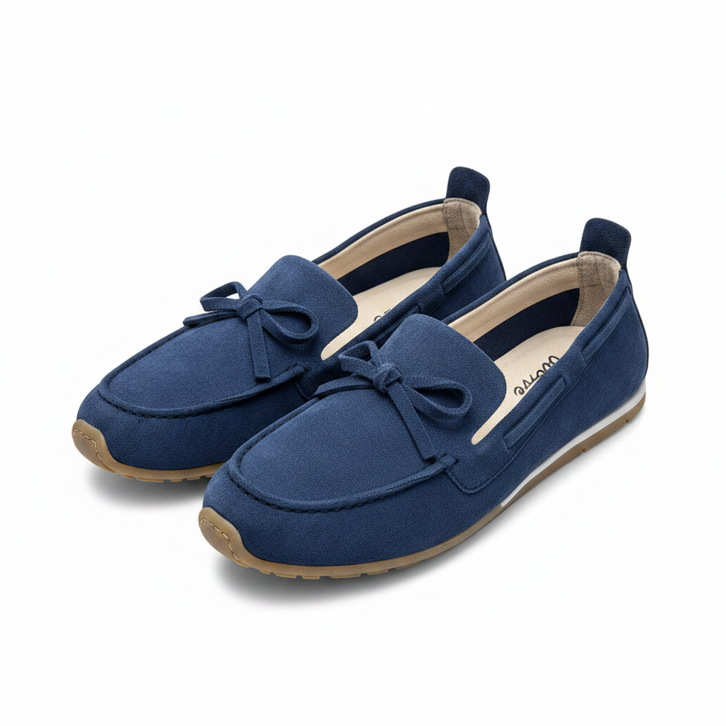 Mocassino guida blu navy suede coppia sfondo bianco