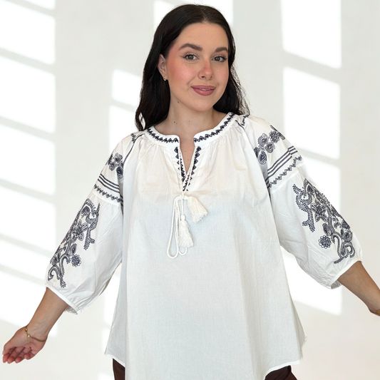 Blusa Mykonos in Cotone Panna e Blu | 10425