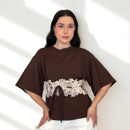Maglia Crochet Dettaglio Floreale Marrone/Bianca | 10398