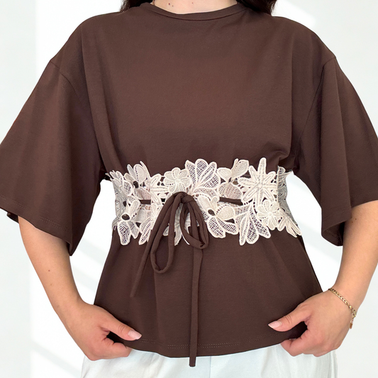 Maglia Crochet Dettaglio Floreale Marrone/Bianca | 10398