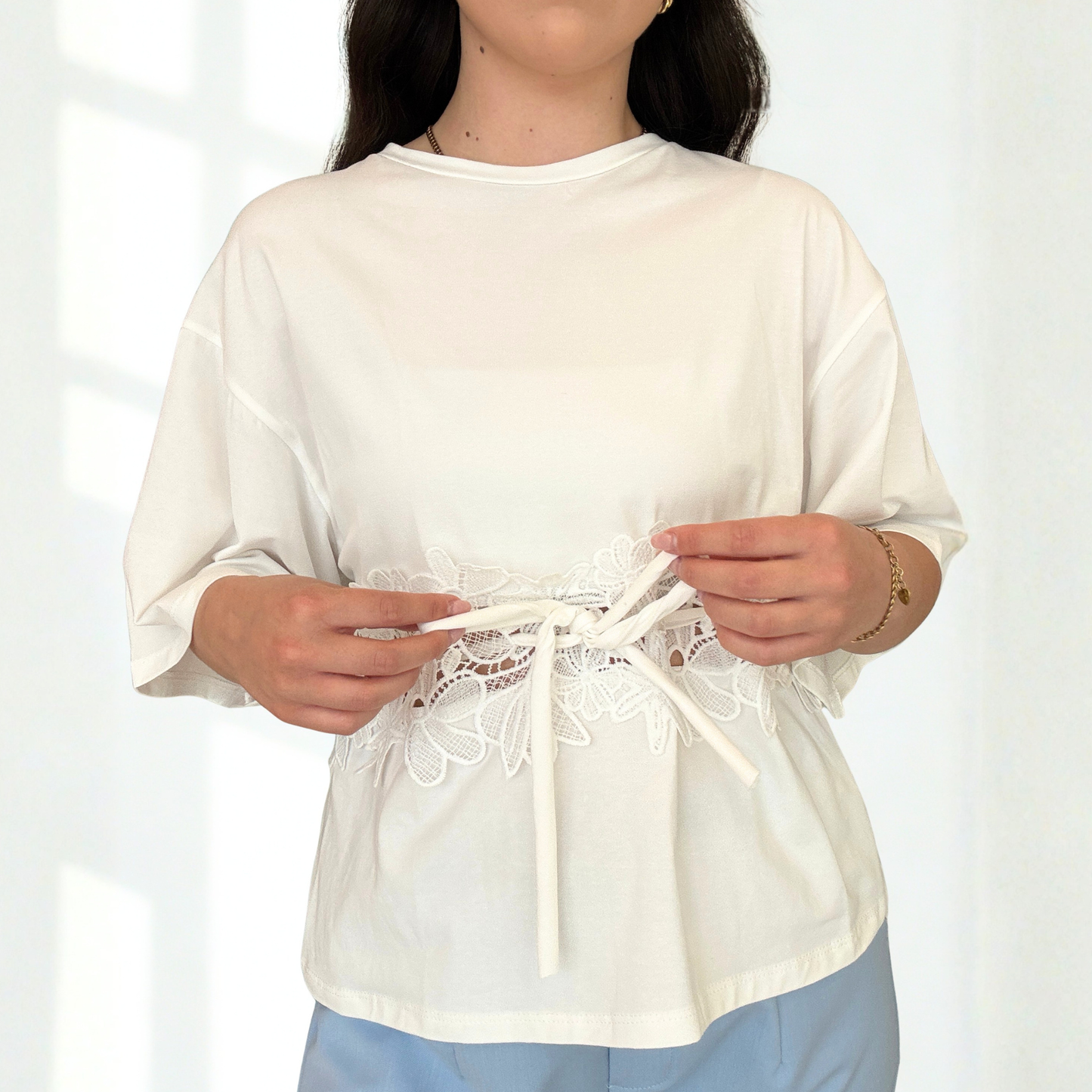 Maglia Crochet Dettaglio Floreale Marrone/Bianca | 10398