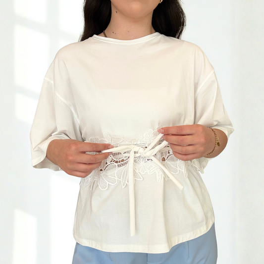 Maglia Crochet Dettaglio Floreale Marrone/Bianca | 10398