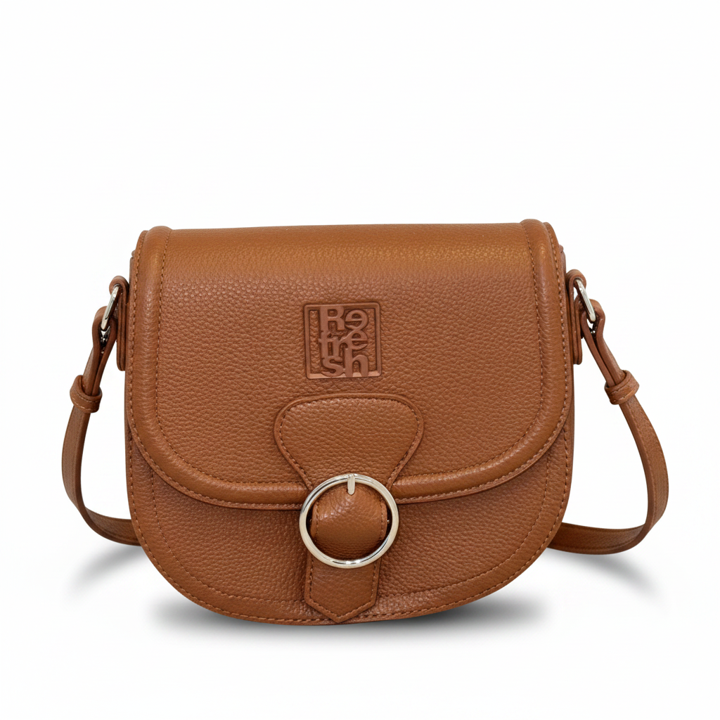 Borsa cuoio dettaglio logo sfondo bianco