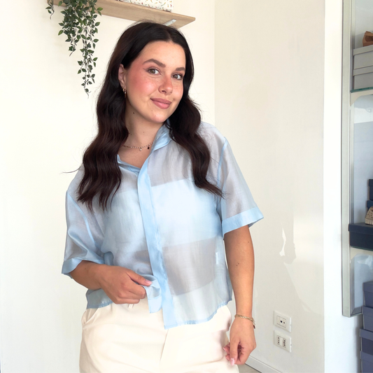 Camicia Tencel Elegante in Azzurro e Marrone | 10522