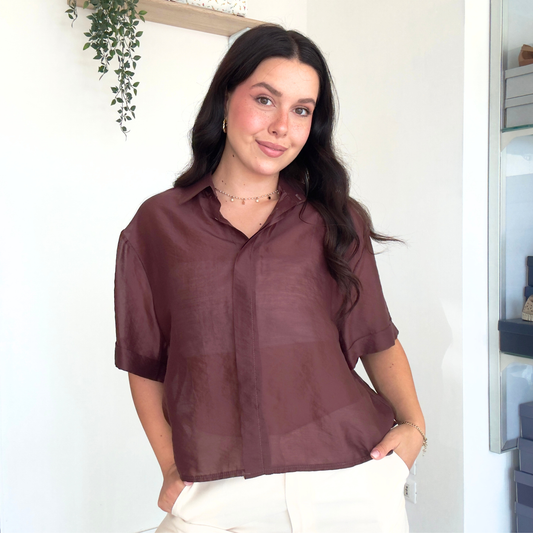 Camicia Tencel Elegante in Azzurro e Marrone | 10522