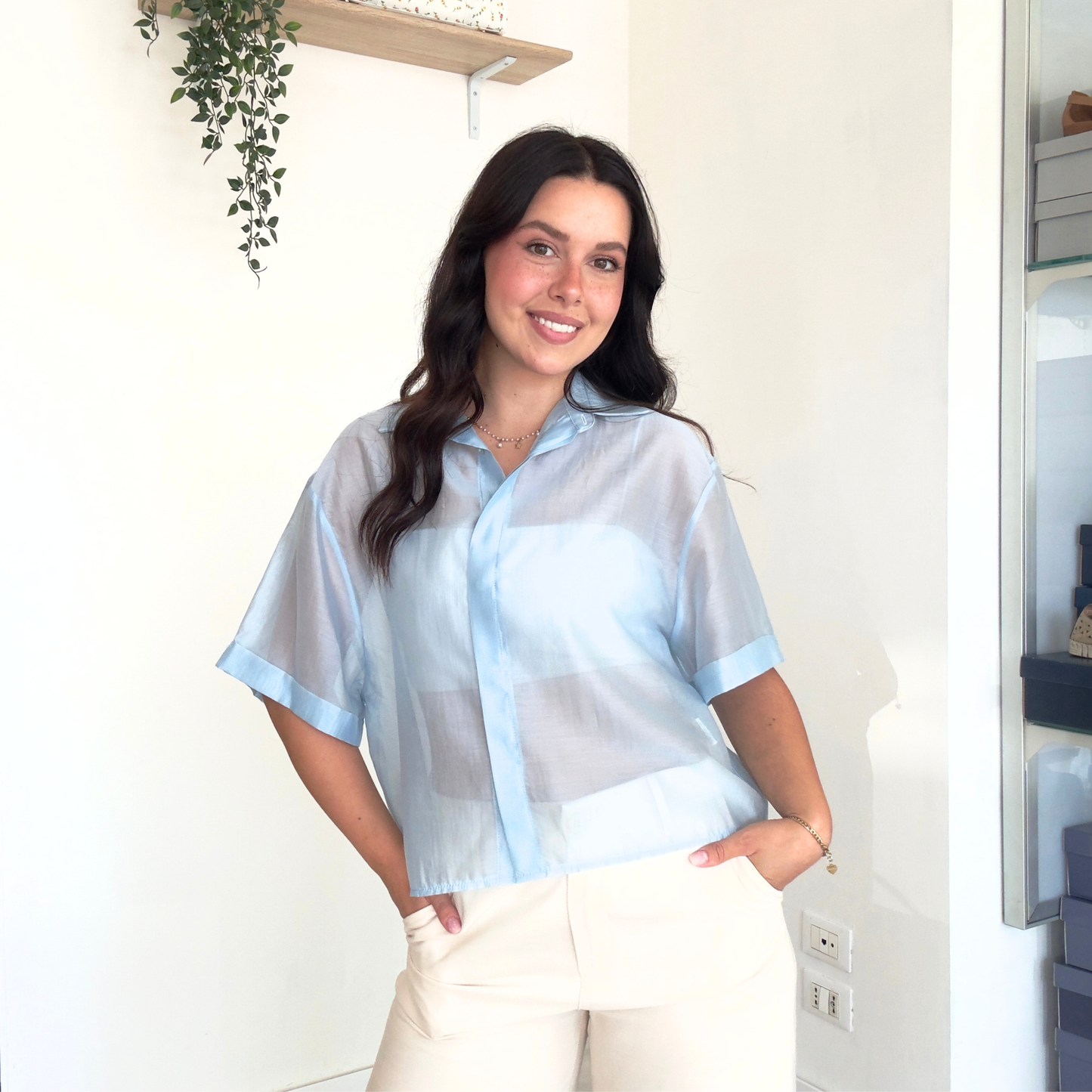 Camicia Tencel Elegante in Azzurro e Marrone | 10522