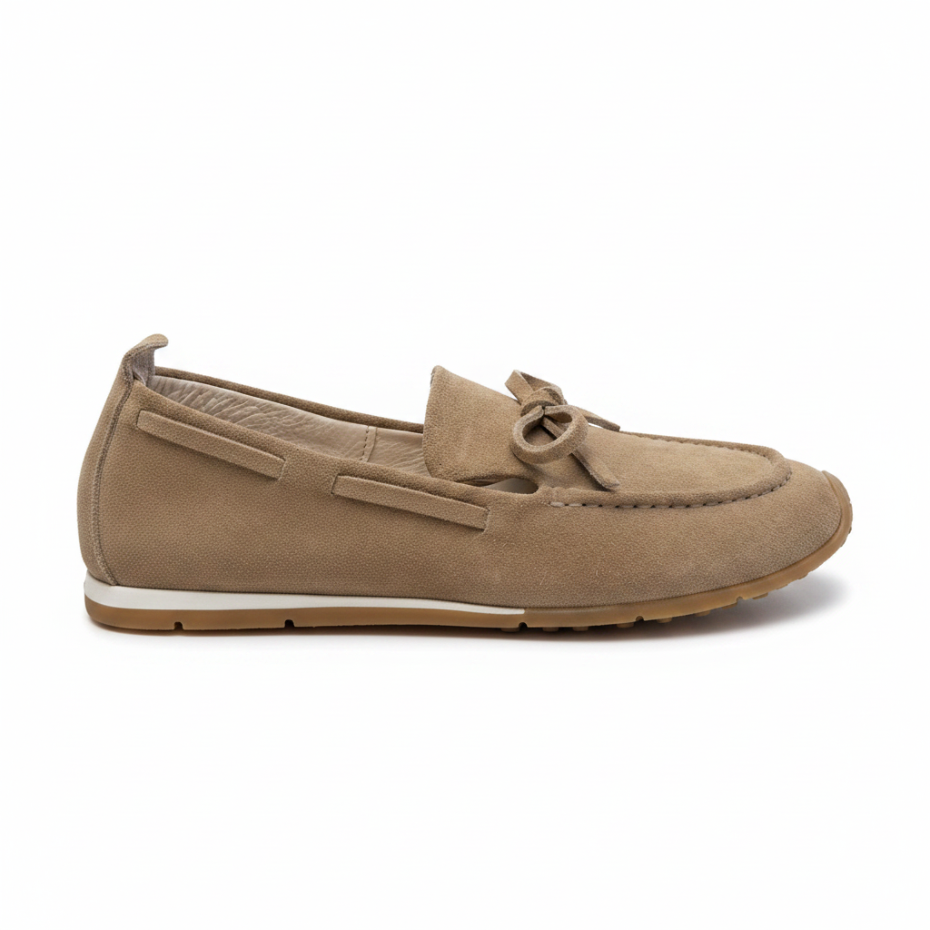 Mocassino guida taupe suede laterale sfondo bianco